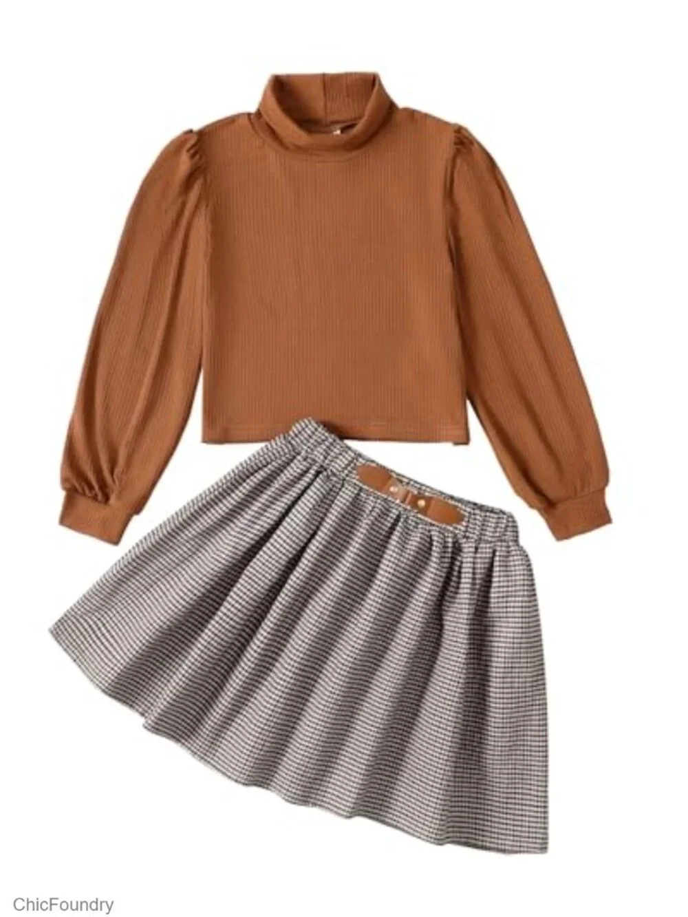 Girls Plaid Skirt Set 2 Piece Outfit Long Sleeve Mock Neck Top